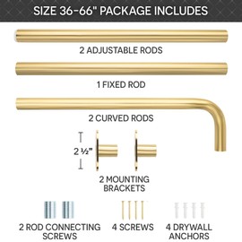 Blackout Curtain Rod Wrap Around Design, Adjustable 36-66 Inches, Wall/Ceiling Mount, 1 Inch Diameter, Room Darkening French Return Heavy Duty Metal, Modern Minimalist Bracket, Brushed Gold