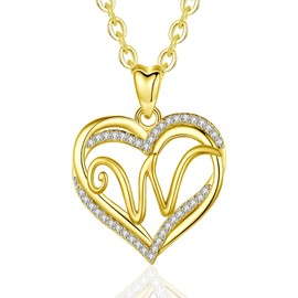 INFUSEU Necklace with Letters, Heart Pendant Necklace, Letter A-Z Alphabet Jewellery, Double Heart Initial Chains, Cubic Zirconia CZ for Women, Romantic Gifts for Girlfriend, 20 Inch Chain, Gold