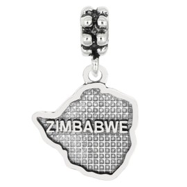 LGU Sterling Silver Oxidized Textured Country Map of Zimbabwe Dangle Bead Charm