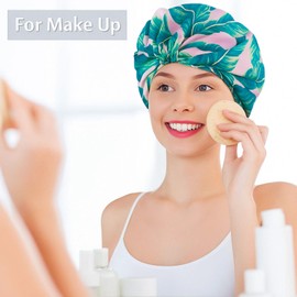 Duschhaube für Frauen, Duschhut, wasserdichte wiederverwendbare Duschhauben, Haarduschhauben für lange Männer, seidiger Schlaf-Badehaube für lange lockige, rosa Blattmuster-Design