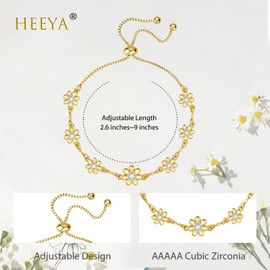 HEEYA Gold Bracelets for Womens, Gold Bracelets for Women-Adjustable Bracelets with Cubic Zircon, Gold Daisy Flower Bracelet for Mum Valentines Gifts for Her Mothers Day Gifts for Mum