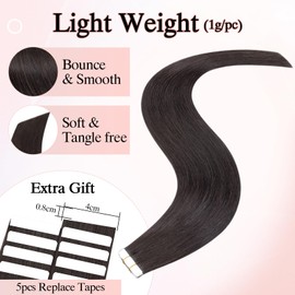 SEGOHAIR 10Pcs Human Hair Tape in Extensions, 20" Thin Tape Hair Extensions,Human Hair Extensions Tape in Hair Extensions with 5pcs Replacement Tape Jet Black(15g)