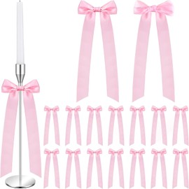 16pcs Pink Candlestick Bows Decor Pink Ribbon Bows Set - 12 Inch Candlestick Decorations for Weddings, Parties, Bridal Showers & Home Decor
