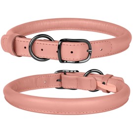 BUDKAS Rolled Leather Dog Collar for Small Medium Large Dogs Puppy Durable Adjustable Soft Round Rope Pet Collars (17"-21" Neck Fit, Flamingo)