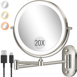 Wall Mounted Makeup Mirror with Light, 20X/1X 8'' Double Sided LED Magnifying Bathroom Lighted Vanity Mirror with Magnification, 3 Color Light up Touch Dimmable Extended Arm 360 Rotation