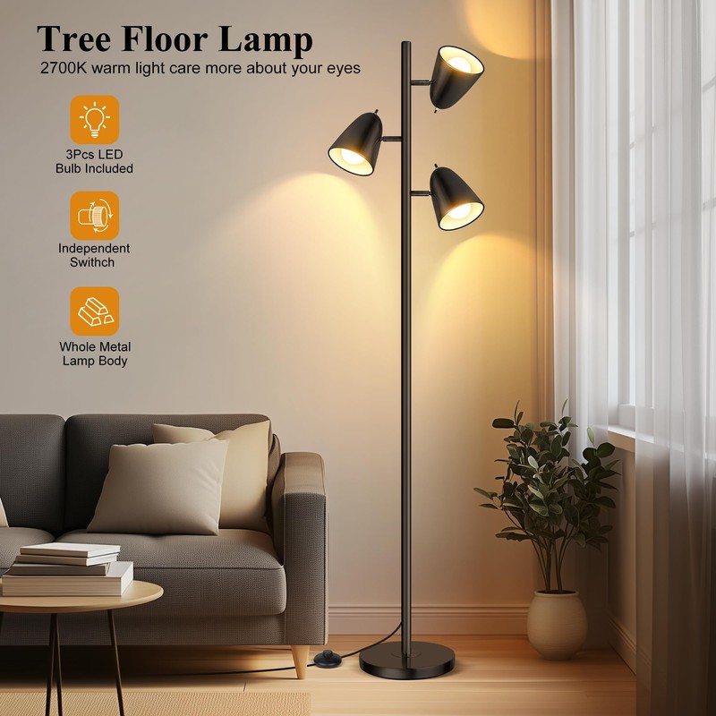 QiMH Tree Floor Lamp with 3 Light Bulbs, Standing Tall