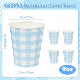 120pcs 9oz Gingham Party Paper Drinking Cups, Blue Disposable Plaid Paper Cups Checkered Cups for Wedding Birthday Decoration Fiesta Baby Shower Picnic