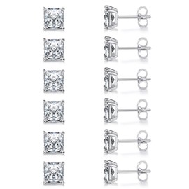 18K White Gold Plated 6.0 mm Princess Cut Clear Cubic Zirconia Stud Earrings Set for Women Men Pack of 6 Pairs