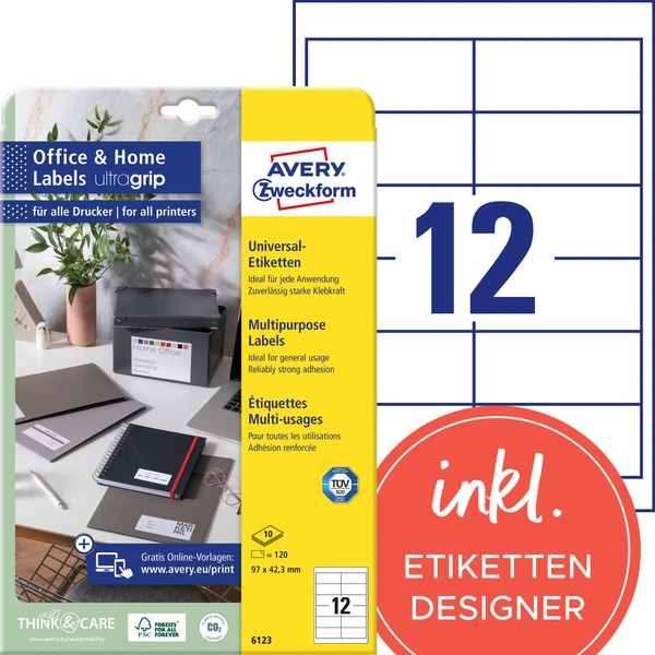 Avery Zweckform 6123 Labels 42.3x97 mm for Inkjet Laser Copy