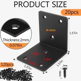 AYSUM 20Pcs Black Angle Bracket 2"x2"x2", Stainless Steel L Brackets for Wood, Heavy Duty Corner Brackets Metal Corner Brace for Bed Furniture Bookshelf