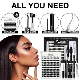 Lash Clusters Kit, DIY 3D Cluster Eyelash Extensions 10‑18mm,144pcs Fluffy D Curl Soft Natural Lashes with Lash Bond and Seal,Tweezers, Remover–Natural Fake Cat Eye Wispy Individual Clusters（171-3-L）