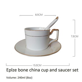Eplze® Elegant Bone China Cup and Saucer Set, 8oz Coffee Cup with Gold Rim for Afternoon Tea- Pure White