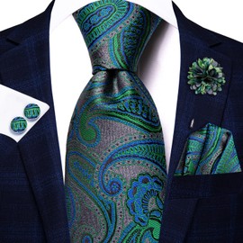 Hi-Tie Green Blue Gray Necktie and Flower Lapel Pin Set Silk Mens Paisley Ties Pocket Square Cufflinks 4PCS Tie for Wedding