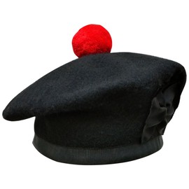 New Scottish Black Wool Balmoral Plain Hat with Red Pompom on Top (7 1/8 - (UK 57))
