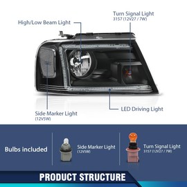 PIT66 LED DRL Headlights HeadLamps Assembly Halogen Compatible with Ford F150 2004-2008, Compatible with Lincoln Mark LT 2006-2008 Clear Lens Black Housing Clear Reflector FO2503247, FO2502247