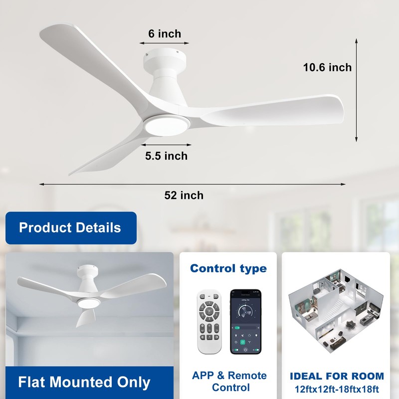 Depuley 52-Inch Ceiling Fans with Lights: White 3 Blade Flush