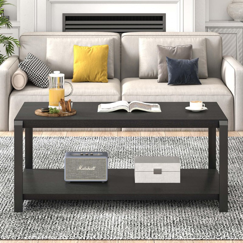 EXCEFUR Coffee Table with Storage Shelf, Rustic Wood and Metal