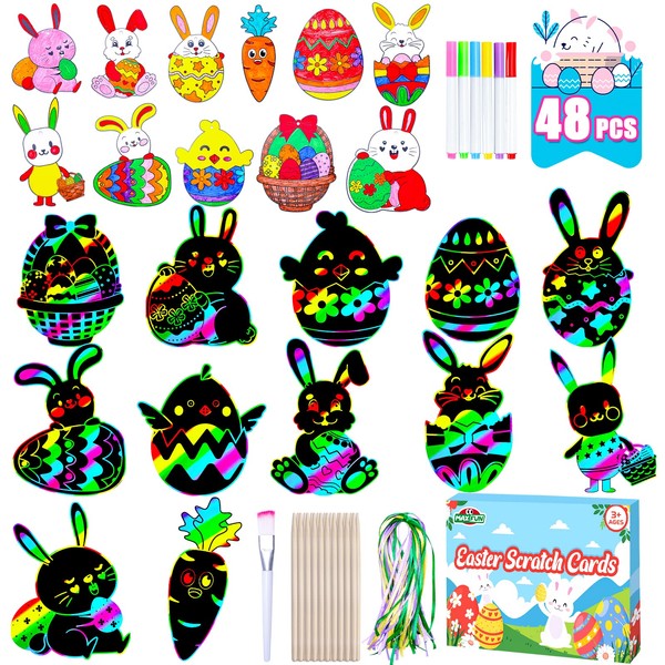 Max Fun Easter Crafts Kit Rainbow Color Scratch Paper Easter Ornaments (48 Counts)-Craft Kit for Kids Easter Basket Stuffers Party Favors