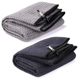 Rngeo 2 Pack Tri-fold Golf Towel Set, Microfiber Fabric Waffle Pattern Towels, Heavy Duty Carabiner Clip (2 Pcs, 2 Colors)