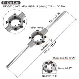 sourcing map Die Stock Handle Wrench Set, 5/8-18 UNF Round Die and 38mm Die Holder (Fits 1/2"-5/8" (UNC/UNF) / Metric M12-M14 / 38mm OD Dies) for Bolt Thread Repair