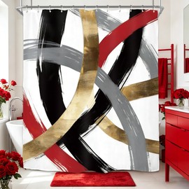 Miyotaa Black Red Gray Abstract Shower Curtain Set 60Wx71H Inches Modern Simple Minimalist Aesthetic Contemporary Line Neutral Waterproof Bathroom Curtain with 12 Hooks