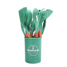 Silicon Cooking UTENSILES, 12PCS Kitchen UNETSILE Set with Wooden Handle | Heat Resistance | Gadget Set | Spatula Sets | Brush | Whisk | Tongs | Bucket (Green)