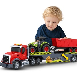 Bstoyder Toddler Boy Toys for 3 4 5 6 7 Years Kids, 21" Semi Flatbed Truck Toy with a Farm Truck, Friction Powered Vehicles Toys with Lights and Sounds, Birthday for Boy Girls