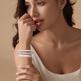 GolbalJew Healing Crystal Beaded Bracelets for Women Men, 6mm Moonstone Stone Beads Bracelets Set with 2PCS Adjustable White Rope Bracelets