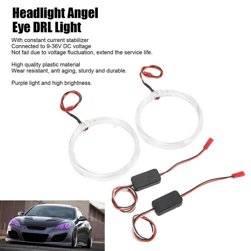 Car LED Angel Eyes Light Guide 95mm/3.7in Purple Lighting 9‑36V
