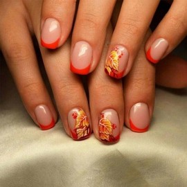 French Tip Press On Nails Short Square Fake Nails Fall False Nails With Leaf Design Nude Acrylic Nails Full Cover Artificial Glossy Glue On Nail Thanksgiving Stick On Nail For Women Manicure 24pcs