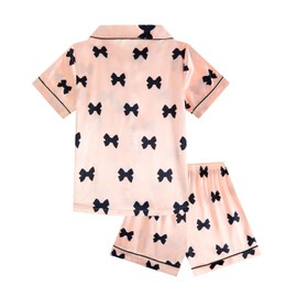 JiAmy Pyjamas Girls Short Sleeve Pjs Sets Summer Kids Satin Pyjamas 2 Piece Button Down Teenagers Sleepwear Bow Print Nightwear 140,Pink