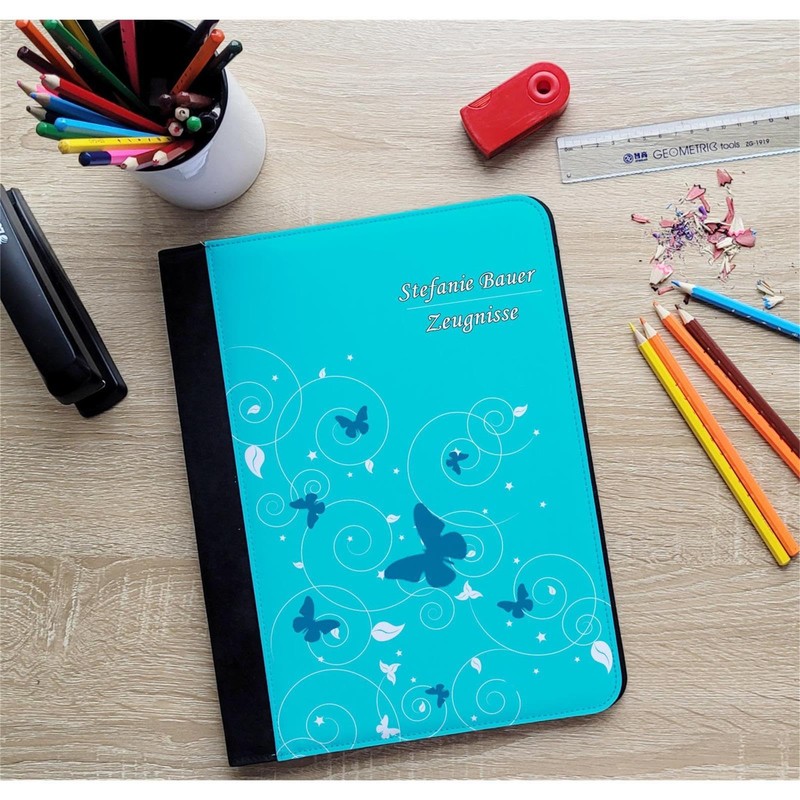 CreaDesign, Children's Certificate Folder with Name, Certificate Folder Butterfly Turquoise