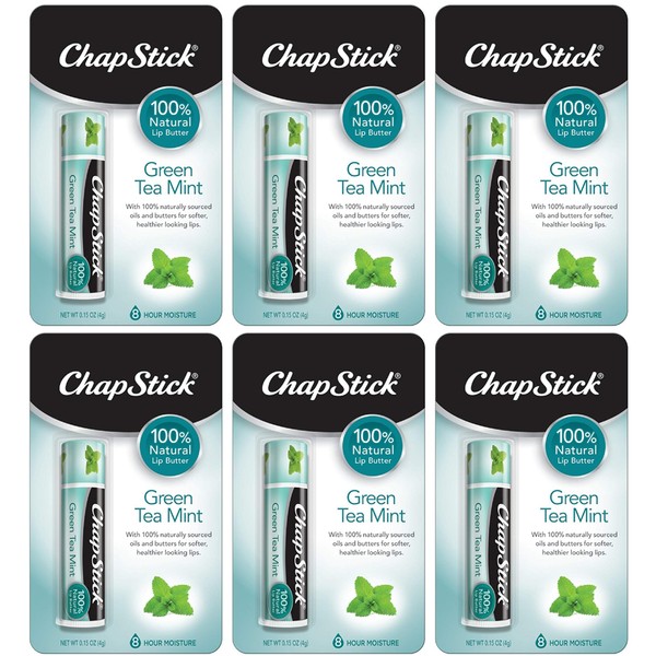 ChapStick 100% Natural Lip Butter - Green Tea Mint - Net Wt. 0.15 OZ (4g) Per Stick - Pack of 6 Sticks