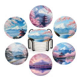 ubcindy Japanese Cherry Blossom and Fujiyama Mountain Landscape Coasters Set of 6 for Drinks,Round Absorbent Ceramic Stone Coaster with Metal Holder and Cork Base for Coffee Party Home Decor Gifts