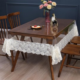 Clear Plastic Rectangle Tablecloth Vinyl Waterproof Table Cloth Embroidered Lace Edge Transparent Table Cover for Dining Kitchen Outdoor Table(52 x 70 inch, Off White)