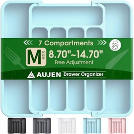 Aujen Silverware Organizer - Expandable Kitchen Drawer Organizer, Adjustable Utensil Organizer, Cutlery Tray for Forks, Knives, Multipurpose Kitchen Organizers and Storage Solution, Blue, Medium