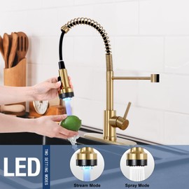 DJS Kitchen Faucets with Pull Down Sprayer Brushed Gold -【LED Light】 Single Handle 1 or 3 Holes Spring Kitchen Sink Faucet with Deck Plate for Farmhouse RV Vessel Basin