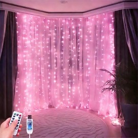 300 luces LED de cortina de hadas, 9.8 x 9.8 pies, enchufe USB rosa 8 modos de luces colgantes con control remoto para Navidad, recámara, interior, exterior, bodas, fiesta (rosa)