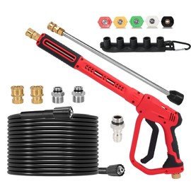Brass Power Washer Gun and Hose Kit, Pressure Washer Gun with 26FT Washer Hose & 2 Extension Wands, 40" Adjustable Length with 3/8" Quick Connect, M22 Fitting, 5 Nozzle Tips,4350PSI