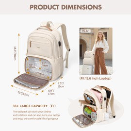 MDODO Lunch Backpack for Women Men,15.6Inch Insulated Cooler Lunch Box Laptop Backpack with USB Charging Port for Travel Picnic Work,Beige