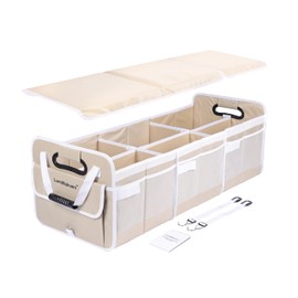 LumiRakuen Collapsible Car Trunk Organizer Storage with Removable Lid, Heavy-Duty 1680D fabric, 3.5mm PP Panels, Multi-Compartments, No Sliding Bottom, 2 Adjustable Straps for SUV, Auto(Cream)