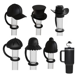 6PCS Black Cute Cowboy Hat Straw Cover Cap Suitable for 6-10mm Straws Cute Silicone Straw Toppers for Tumbles 40oz Reusable Drinking Straw Tips Lids
