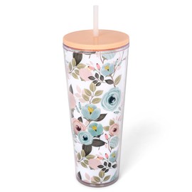 Mary Square SH00059 Peachy Pink Floral Foliage 24 ounce Acrylic Travel Tumbler with Straw For Iced Coffee or Water