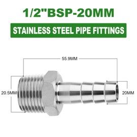 TAISHER 10PCS Forging of 304 Stainless Steel of Air Hose Fittings, 20MM Barb x 1/2" MBSP Pipe Adapter with with 10PCS Hose Clamp