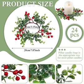Lyrow 24 Pcs Christmas Candle Rings Artificial Candle Wreaths Garland Simulation Red Berries Xmas Mini Candle Holder for Pillars Rustic Wedding Centerpiece Table Closet Decorations