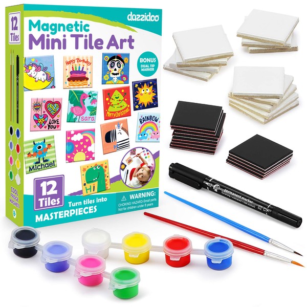 Magnetic Mini Tile Art - DIY Craft Kit; Design and Paint Magnet Tiles - Kids Paint Arts & Crafts Project; Includes 12 Tile Magnets, 8 Paint Colors, 2 Brushes and Marker; Fun Ceramic Tile Painting Kit