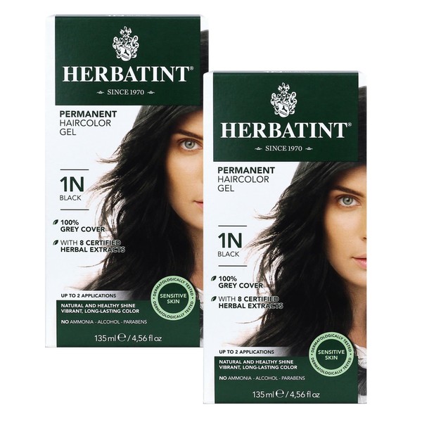 Herbatint Permanent Haircolor Gel, 1N Black, Alcohol Free, Vegan, 100% Grey Coverage - 4.56 oz (2 Pack)