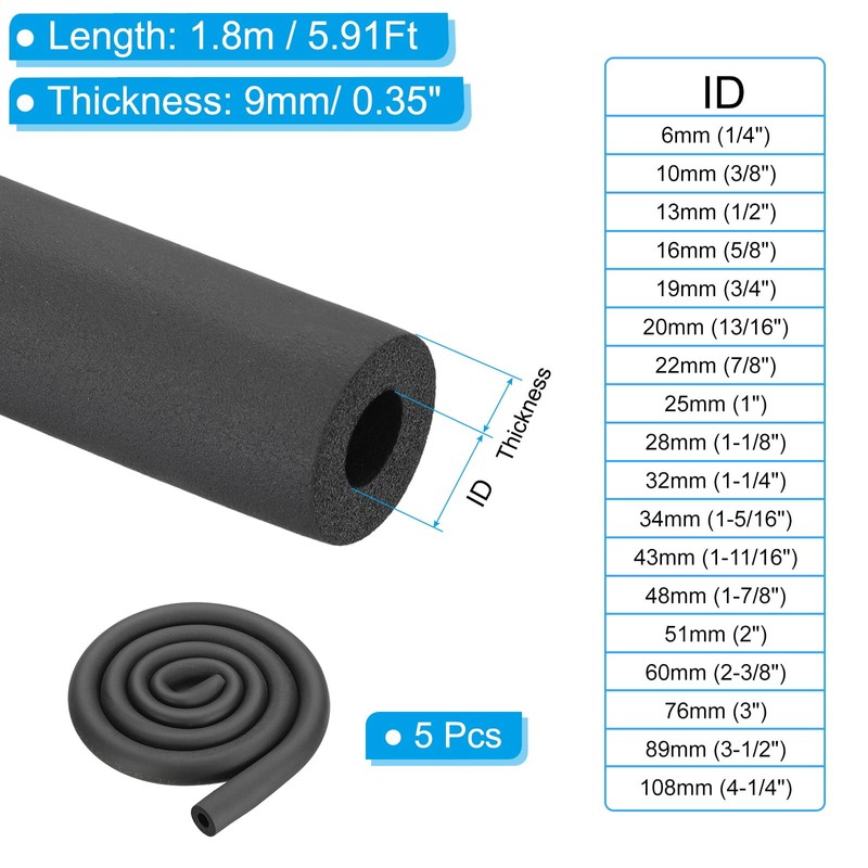 PATIKIL 1/2"(13mm) ID x 6Ft Pipe Insulation Foam Tube, 5Pcs