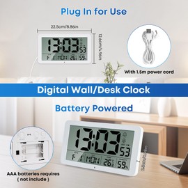 Seugjie Large Digital Wall Clock 9-inch Desk Clock Digital with Seconds Date Week Temperature Humidity Display DST Function Dual Alarm Snooze Mode 12/24-hour Format