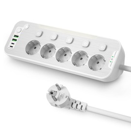 Tischsteckdose mit USB,5-Fach Steckdosenleiste Einzeln Schaltbar,Ecksteckdose Küche und Büro,Wandmontage Mehrfachsteckdose mit Schalter,Metall Steckerleiste Überspannungsschutz 2M Kabel,Weiß